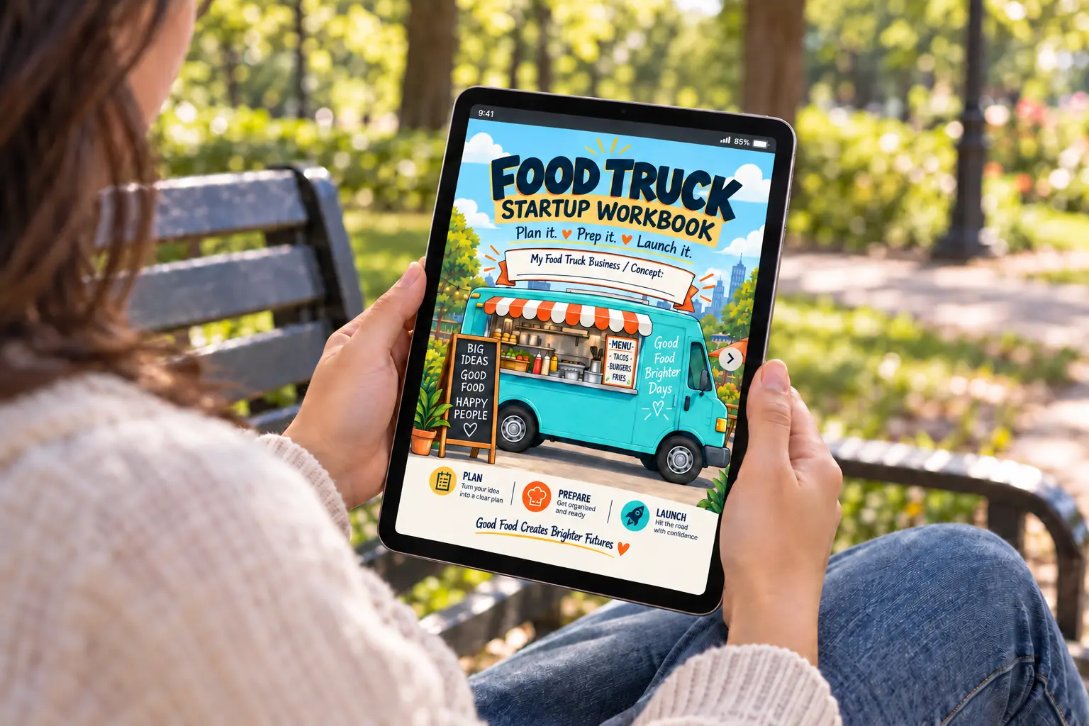 Food Truck Startup Workbook displayed on a tablet